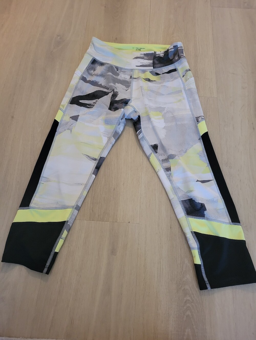 Women's Abstract Print Athletic Capris with Neon Yellow Accents